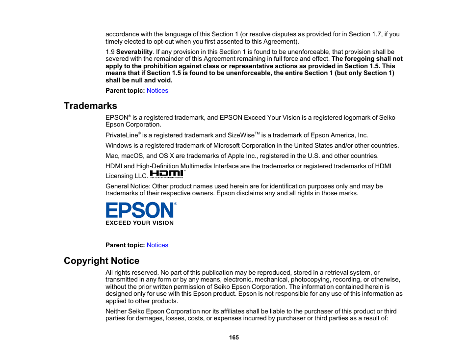 Trademarks, Copyright notice, Trademarks copyright notice | Epson Home Cinema LS11000 2500-Lumen Pixel-Shift 4K UHD Laser 3LCD Projector User Manual | Page 165 / 166