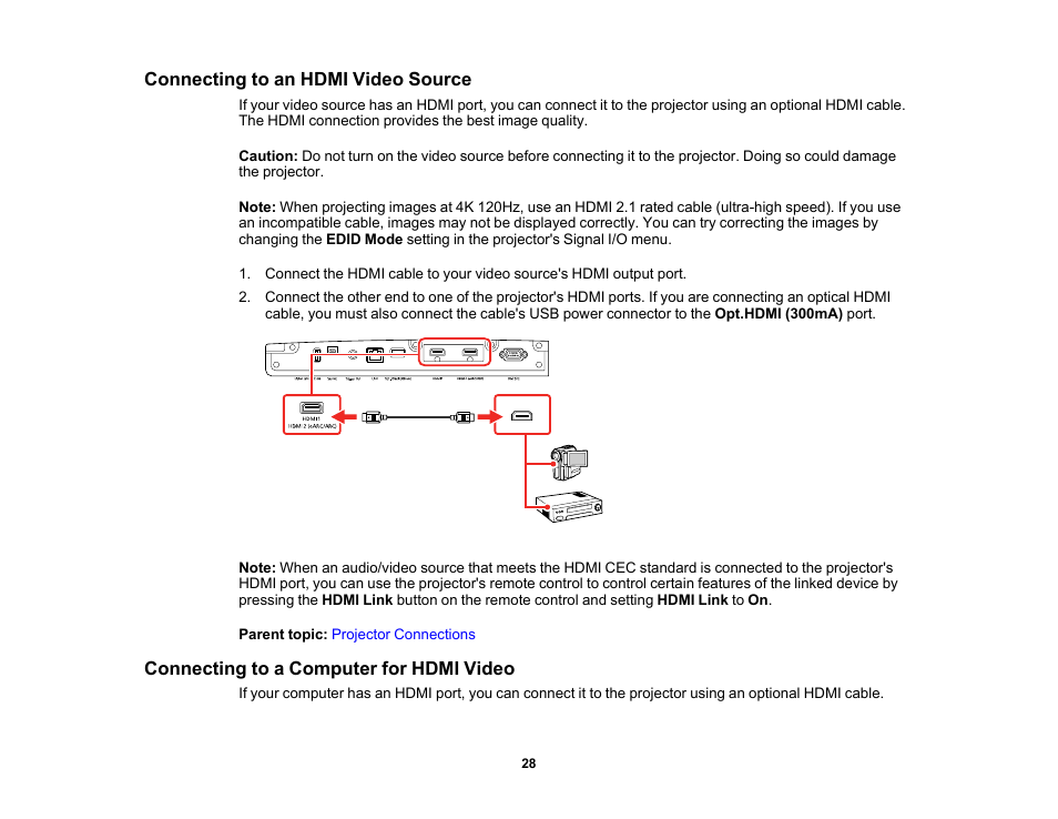 Connecting to an hdmi video source, Connecting to a computer for hdmi video | Epson Home Cinema LS11000 2500-Lumen Pixel-Shift 4K UHD Laser 3LCD Projector User Manual | Page 28 / 166