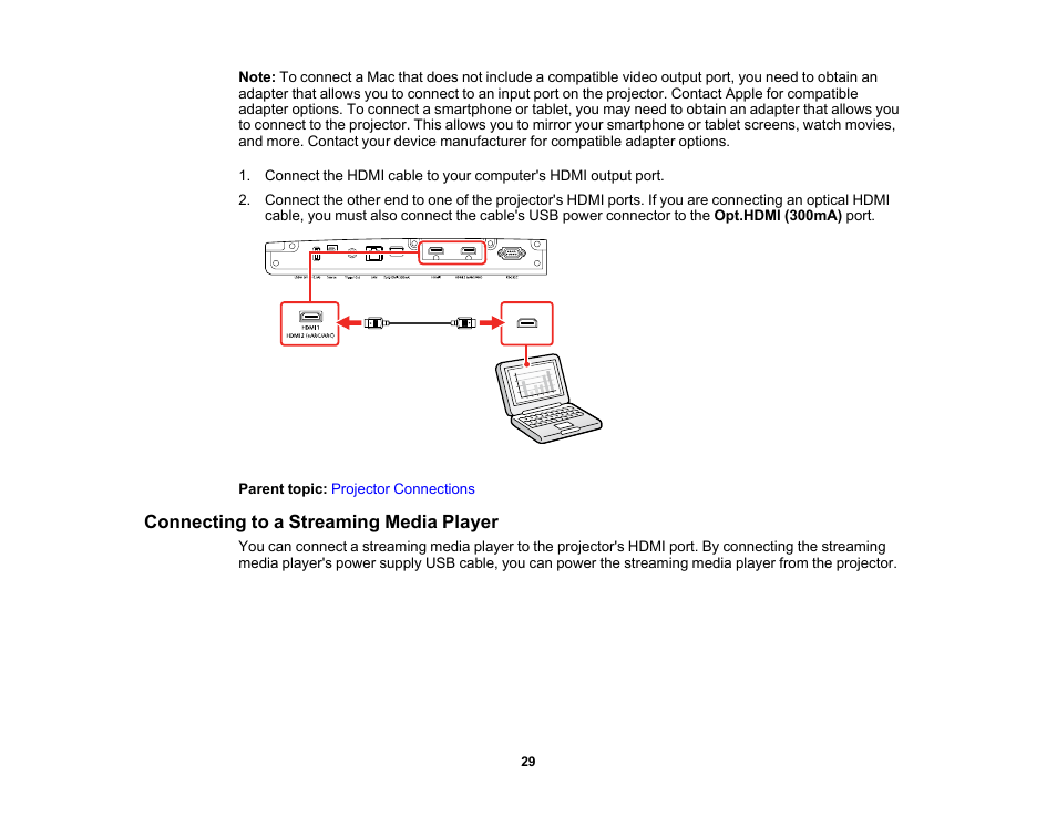 Connecting to a streaming media player | Epson Home Cinema LS11000 2500-Lumen Pixel-Shift 4K UHD Laser 3LCD Projector User Manual | Page 29 / 166