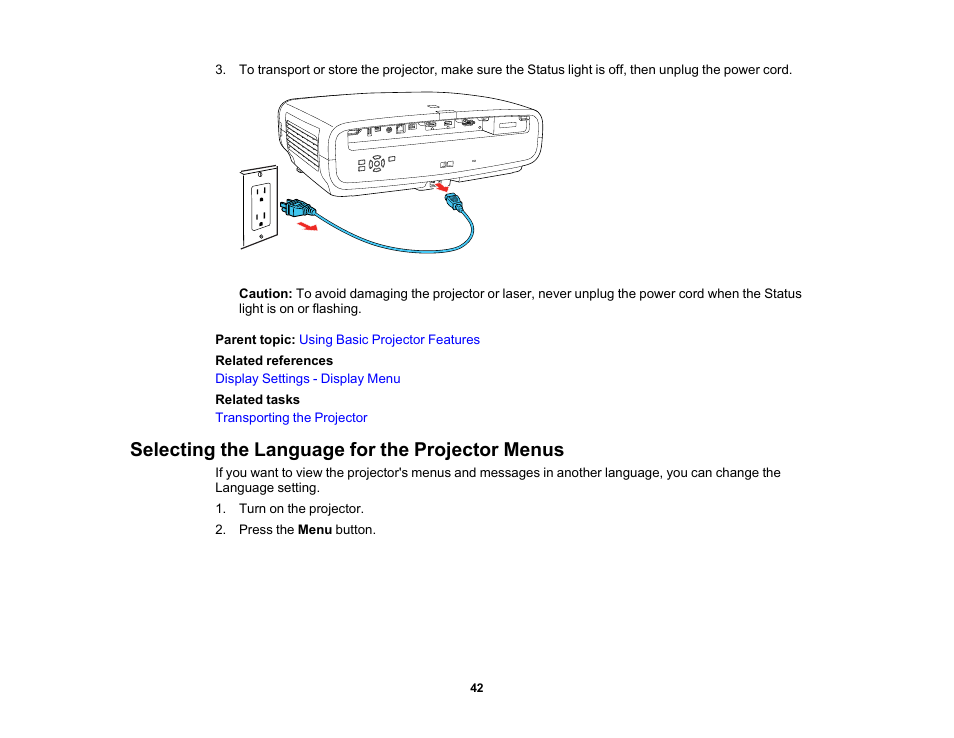 Selecting the language for the projector menus | Epson Home Cinema LS11000 2500-Lumen Pixel-Shift 4K UHD Laser 3LCD Projector User Manual | Page 42 / 166