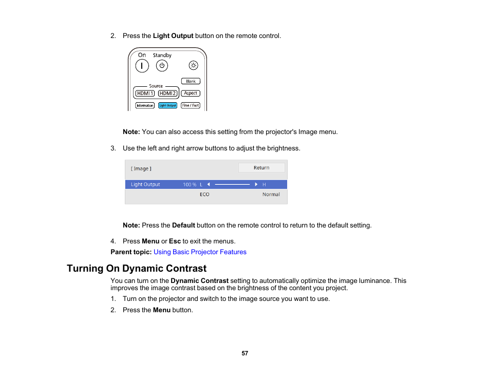 Turning on dynamic contrast | Epson Home Cinema LS11000 2500-Lumen Pixel-Shift 4K UHD Laser 3LCD Projector User Manual | Page 57 / 166