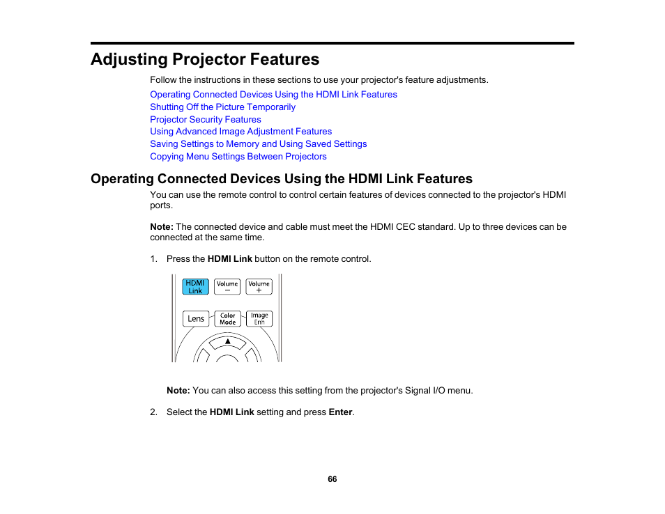 Adjusting projector features | Epson Home Cinema LS11000 2500-Lumen Pixel-Shift 4K UHD Laser 3LCD Projector User Manual | Page 66 / 166