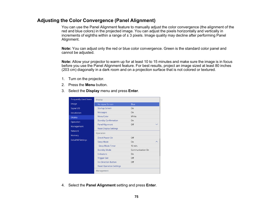 Adjusting the color convergence (panel alignment) | Epson Home Cinema LS11000 2500-Lumen Pixel-Shift 4K UHD Laser 3LCD Projector User Manual | Page 75 / 166