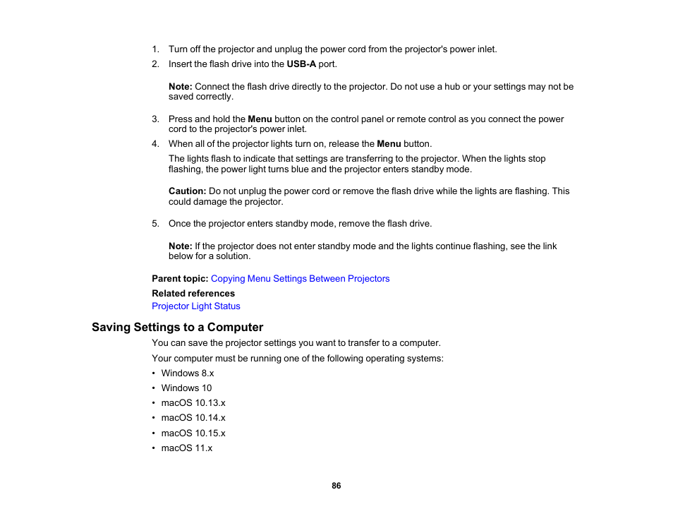 Saving settings to a computer | Epson Home Cinema LS11000 2500-Lumen Pixel-Shift 4K UHD Laser 3LCD Projector User Manual | Page 86 / 166