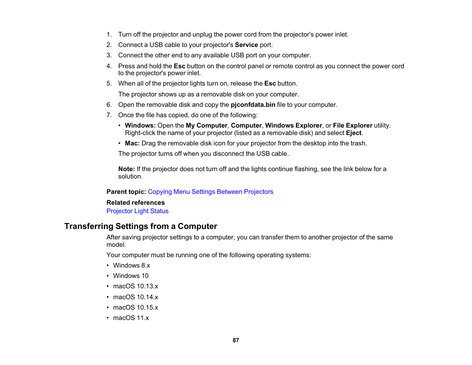 Transferring settings from a computer | Epson Home Cinema LS11000 2500-Lumen Pixel-Shift 4K UHD Laser 3LCD Projector User Manual | Page 87 / 166