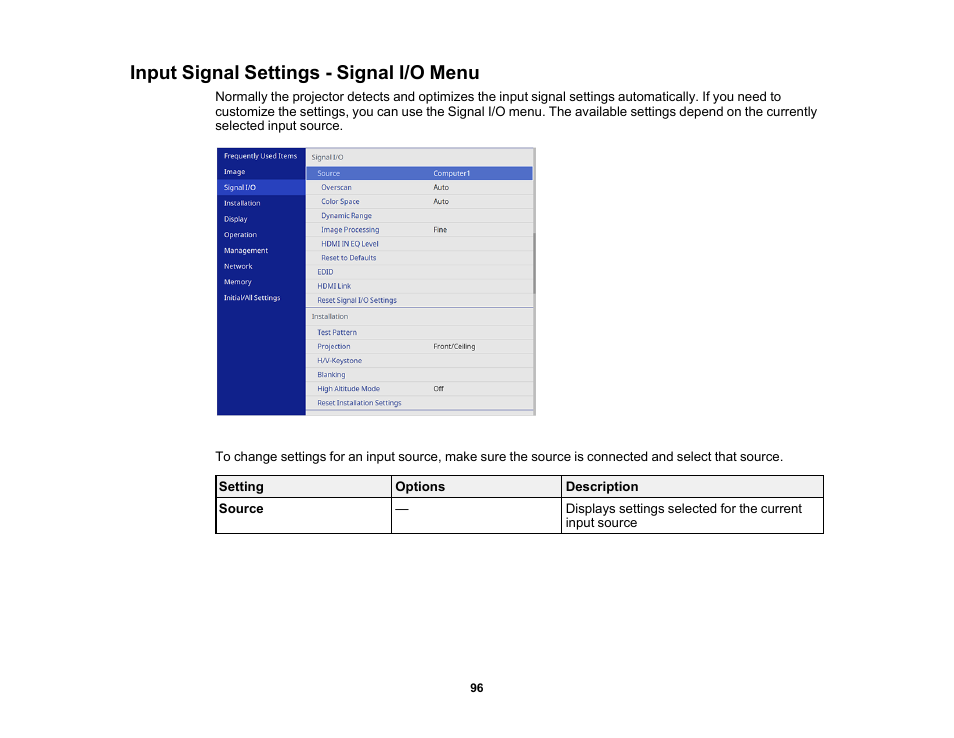 Input signal settings - signal i/o menu | Epson Home Cinema LS11000 2500-Lumen Pixel-Shift 4K UHD Laser 3LCD Projector User Manual | Page 96 / 166
