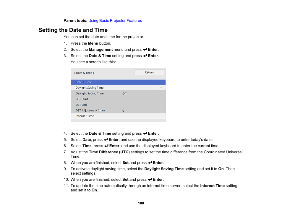 Setting the date and time | Epson PowerLite L265F 4600-Lumen Full HD Laser 3LCD Projector (Black) User Manual | Page 100 / 306