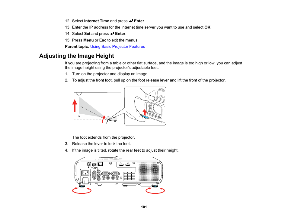 Adjusting the image height | Epson PowerLite L265F 4600-Lumen Full HD Laser 3LCD Projector (Black) User Manual | Page 101 / 306