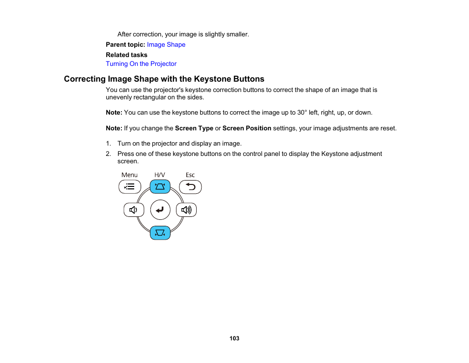 Correcting image shape with the keystone buttons | Epson PowerLite L265F 4600-Lumen Full HD Laser 3LCD Projector (Black) User Manual | Page 103 / 306