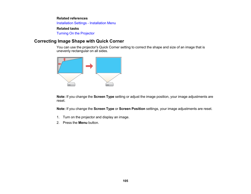 Correcting image shape with quick corner | Epson PowerLite L265F 4600-Lumen Full HD Laser 3LCD Projector (Black) User Manual | Page 105 / 306