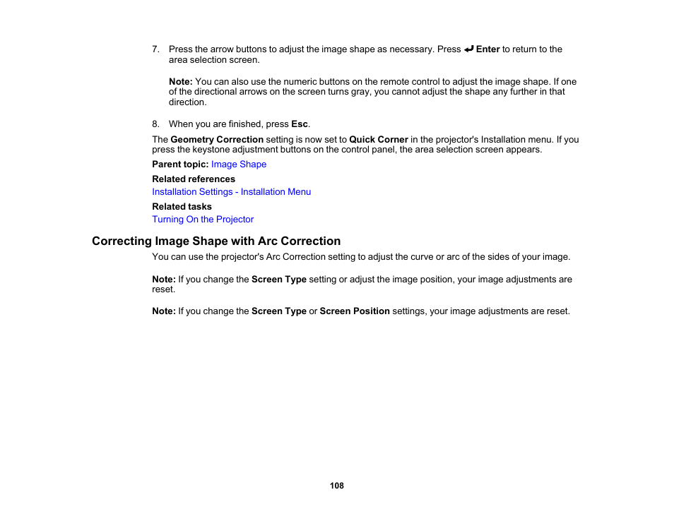 Correcting image shape with arc correction | Epson PowerLite L265F 4600-Lumen Full HD Laser 3LCD Projector (Black) User Manual | Page 108 / 306