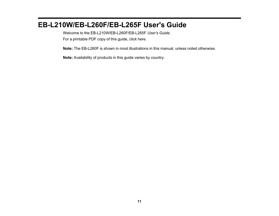 Eb-l210w/eb-l260f/eb-l265f user's guide | Epson PowerLite L265F 4600-Lumen Full HD Laser 3LCD Projector (Black) User Manual | Page 11 / 306