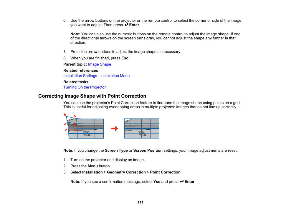 Correcting image shape with point correction | Epson PowerLite L265F 4600-Lumen Full HD Laser 3LCD Projector (Black) User Manual | Page 111 / 306