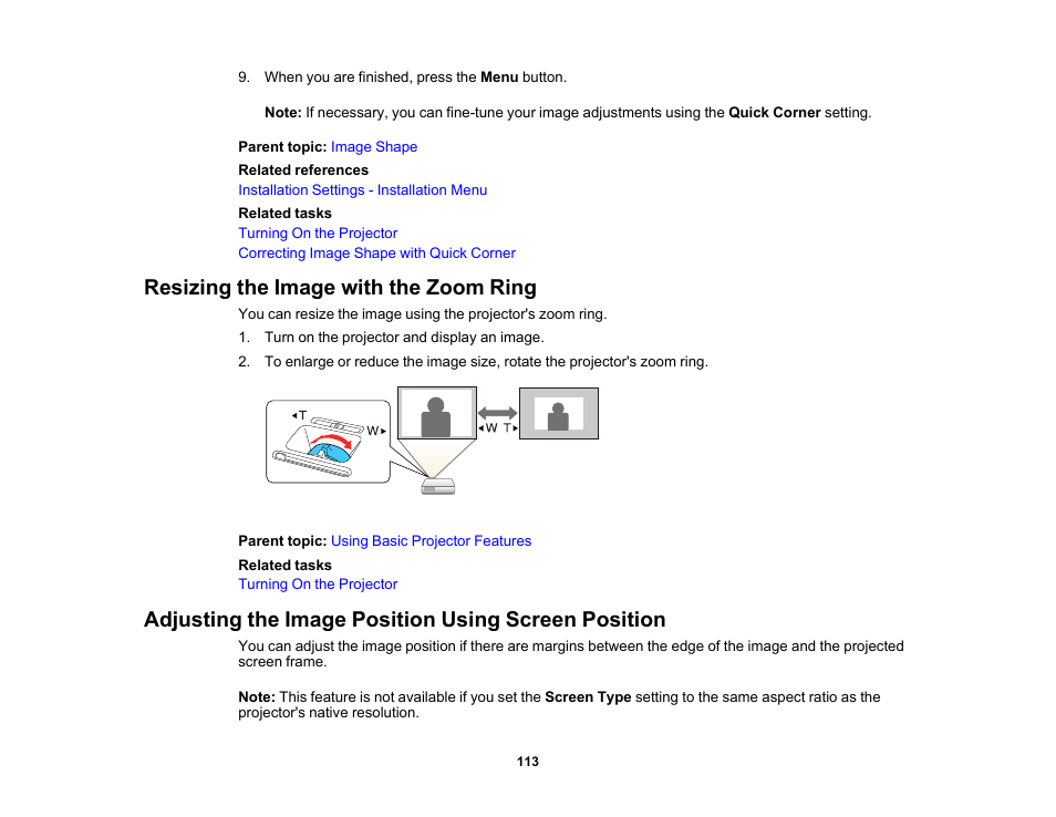 Resizing the image with the zoom ring, Adjusting the image position using screen position | Epson PowerLite L265F 4600-Lumen Full HD Laser 3LCD Projector (Black) User Manual | Page 113 / 306