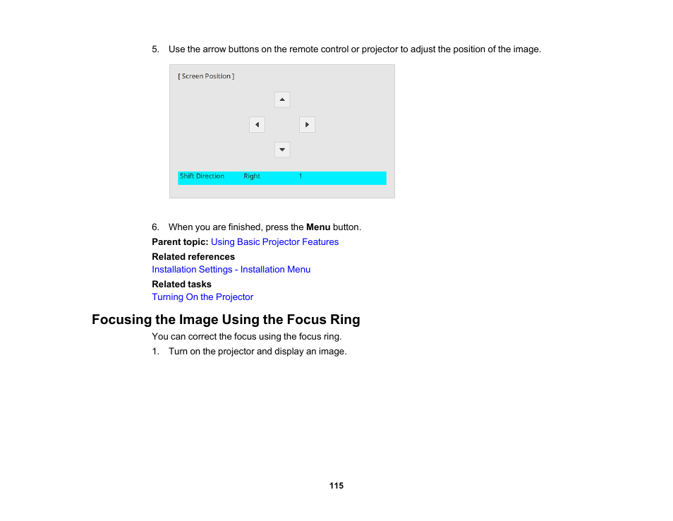 Focusing the image using the focus ring | Epson PowerLite L265F 4600-Lumen Full HD Laser 3LCD Projector (Black) User Manual | Page 115 / 306