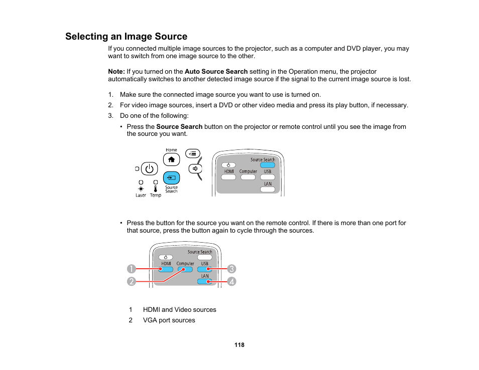 Selecting an image source | Epson PowerLite L265F 4600-Lumen Full HD Laser 3LCD Projector (Black) User Manual | Page 118 / 306