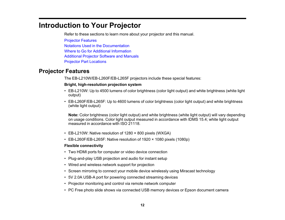 Introduction to your projector, Projector features | Epson PowerLite L265F 4600-Lumen Full HD Laser 3LCD Projector (Black) User Manual | Page 12 / 306