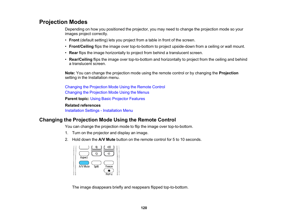 Projection modes | Epson PowerLite L265F 4600-Lumen Full HD Laser 3LCD Projector (Black) User Manual | Page 120 / 306