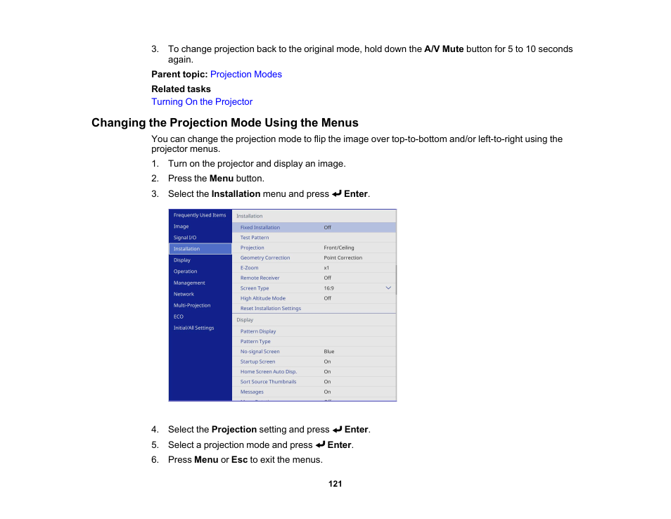 Changing the projection mode using the menus | Epson PowerLite L265F 4600-Lumen Full HD Laser 3LCD Projector (Black) User Manual | Page 121 / 306