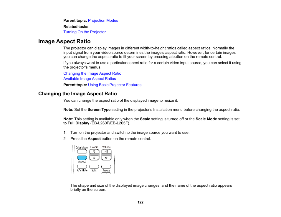 Image aspect ratio, Changing the image aspect ratio | Epson PowerLite L265F 4600-Lumen Full HD Laser 3LCD Projector (Black) User Manual | Page 122 / 306