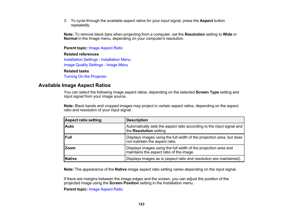 Available image aspect ratios | Epson PowerLite L265F 4600-Lumen Full HD Laser 3LCD Projector (Black) User Manual | Page 123 / 306