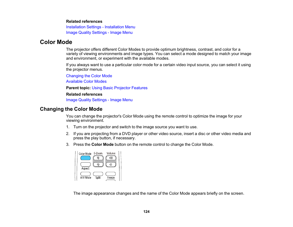 Color mode, Changing the color mode | Epson PowerLite L265F 4600-Lumen Full HD Laser 3LCD Projector (Black) User Manual | Page 124 / 306