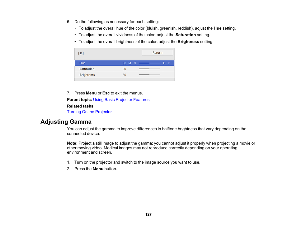 Adjusting gamma | Epson PowerLite L265F 4600-Lumen Full HD Laser 3LCD Projector (Black) User Manual | Page 127 / 306