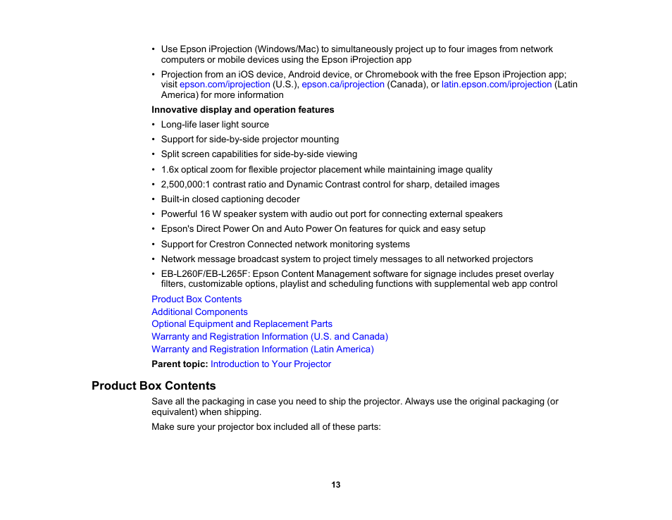 Product box contents | Epson PowerLite L265F 4600-Lumen Full HD Laser 3LCD Projector (Black) User Manual | Page 13 / 306