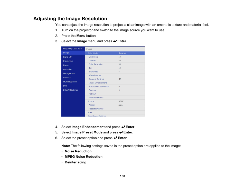 Adjusting the image resolution | Epson PowerLite L265F 4600-Lumen Full HD Laser 3LCD Projector (Black) User Manual | Page 130 / 306