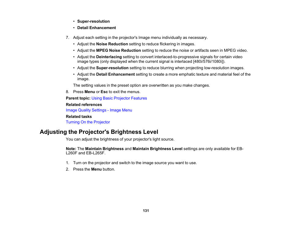 Adjusting the projector's brightness level | Epson PowerLite L265F 4600-Lumen Full HD Laser 3LCD Projector (Black) User Manual | Page 131 / 306