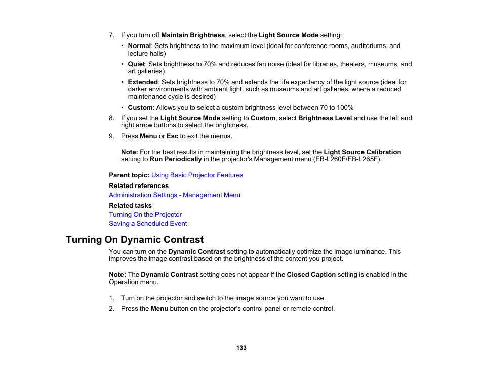 Turning on dynamic contrast | Epson PowerLite L265F 4600-Lumen Full HD Laser 3LCD Projector (Black) User Manual | Page 133 / 306