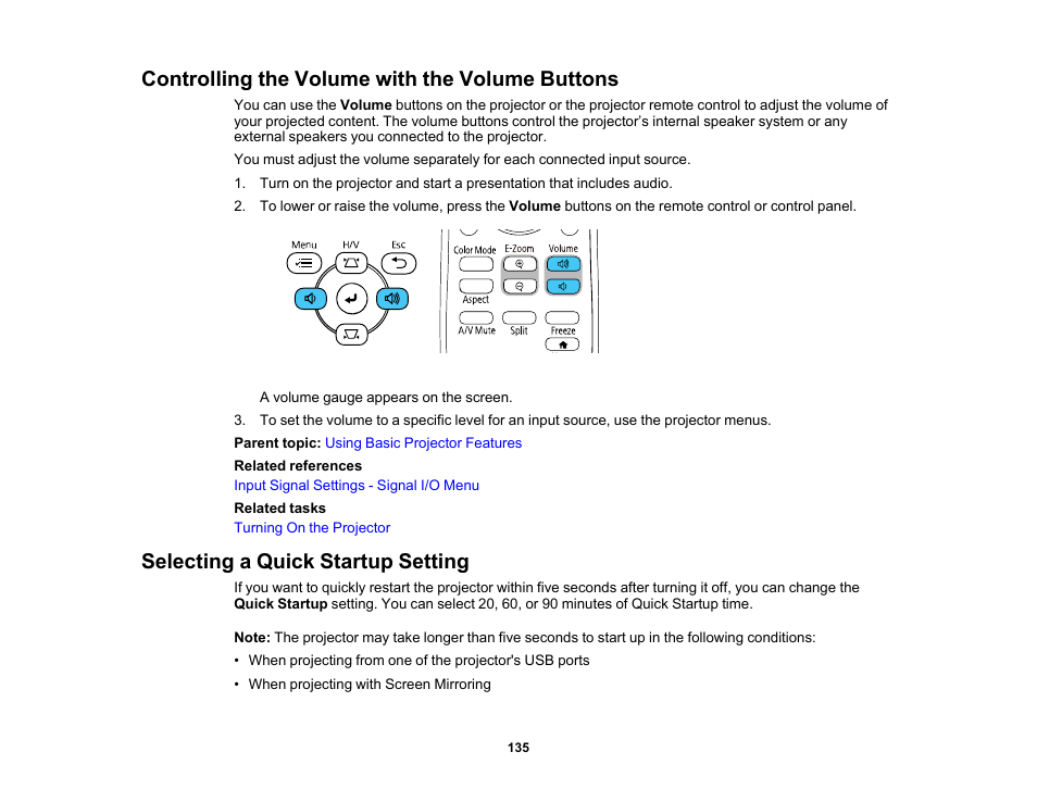 Controlling the volume with the volume buttons, Selecting a quick startup setting | Epson PowerLite L265F 4600-Lumen Full HD Laser 3LCD Projector (Black) User Manual | Page 135 / 306