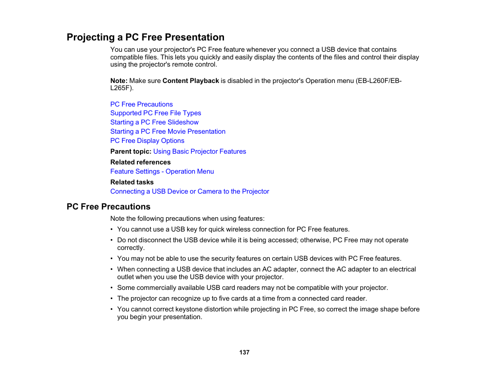 Projecting a pc free presentation, Pc free precautions | Epson PowerLite L265F 4600-Lumen Full HD Laser 3LCD Projector (Black) User Manual | Page 137 / 306