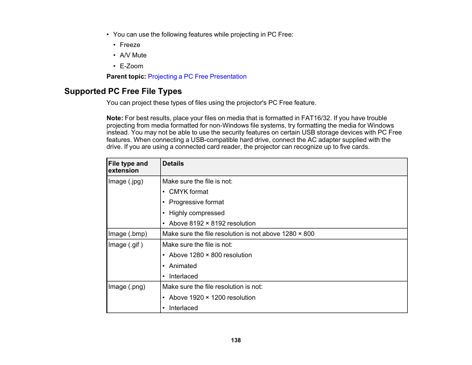 Supported pc free file types | Epson PowerLite L265F 4600-Lumen Full HD Laser 3LCD Projector (Black) User Manual | Page 138 / 306