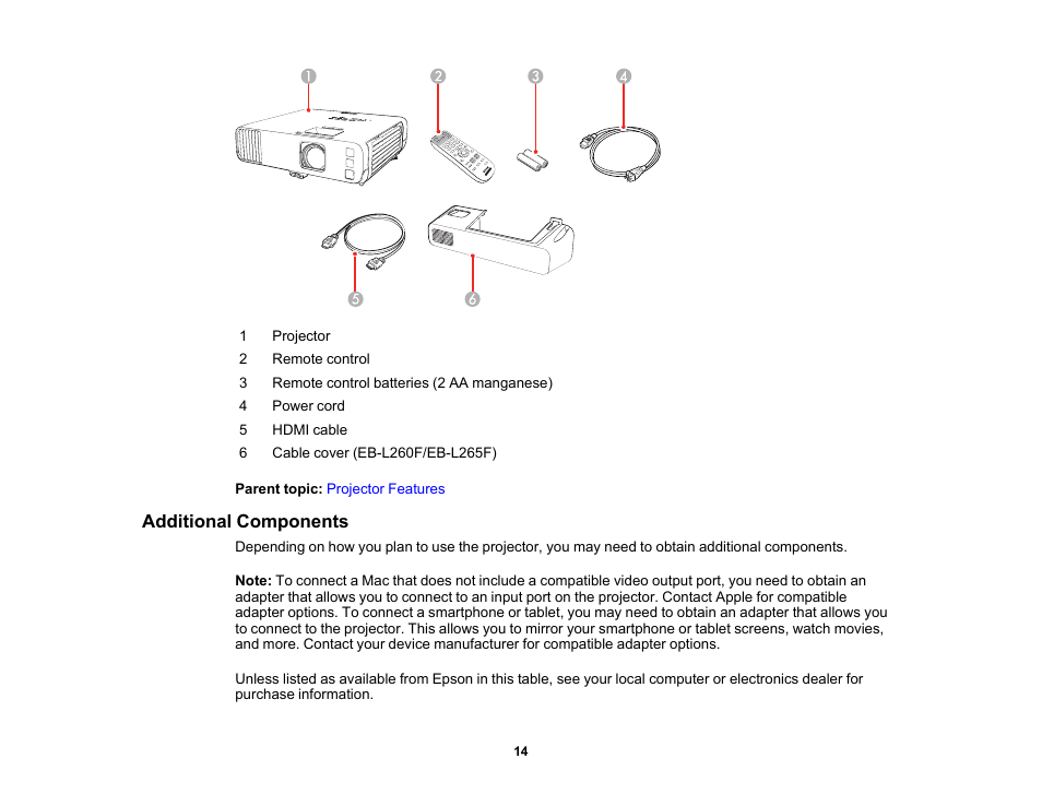 Additional components | Epson PowerLite L265F 4600-Lumen Full HD Laser 3LCD Projector (Black) User Manual | Page 14 / 306