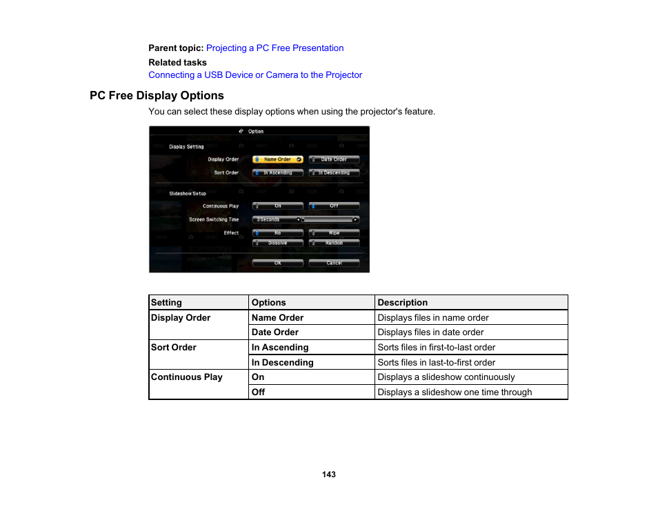 Pc free display options | Epson PowerLite L265F 4600-Lumen Full HD Laser 3LCD Projector (Black) User Manual | Page 143 / 306