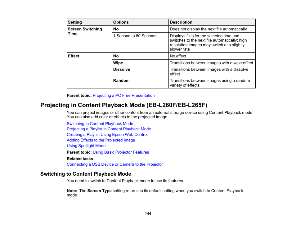 Switching to content playback mode | Epson PowerLite L265F 4600-Lumen Full HD Laser 3LCD Projector (Black) User Manual | Page 144 / 306