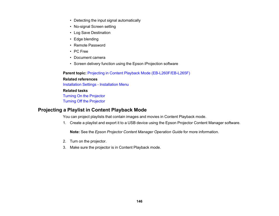 Projecting a playlist in content playback mode | Epson PowerLite L265F 4600-Lumen Full HD Laser 3LCD Projector (Black) User Manual | Page 146 / 306