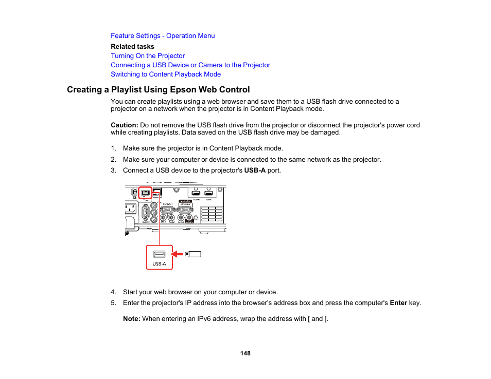 Creating a playlist using epson web control | Epson PowerLite L265F 4600-Lumen Full HD Laser 3LCD Projector (Black) User Manual | Page 148 / 306