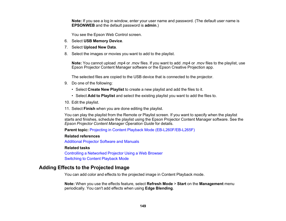 Adding effects to the projected image | Epson PowerLite L265F 4600-Lumen Full HD Laser 3LCD Projector (Black) User Manual | Page 149 / 306