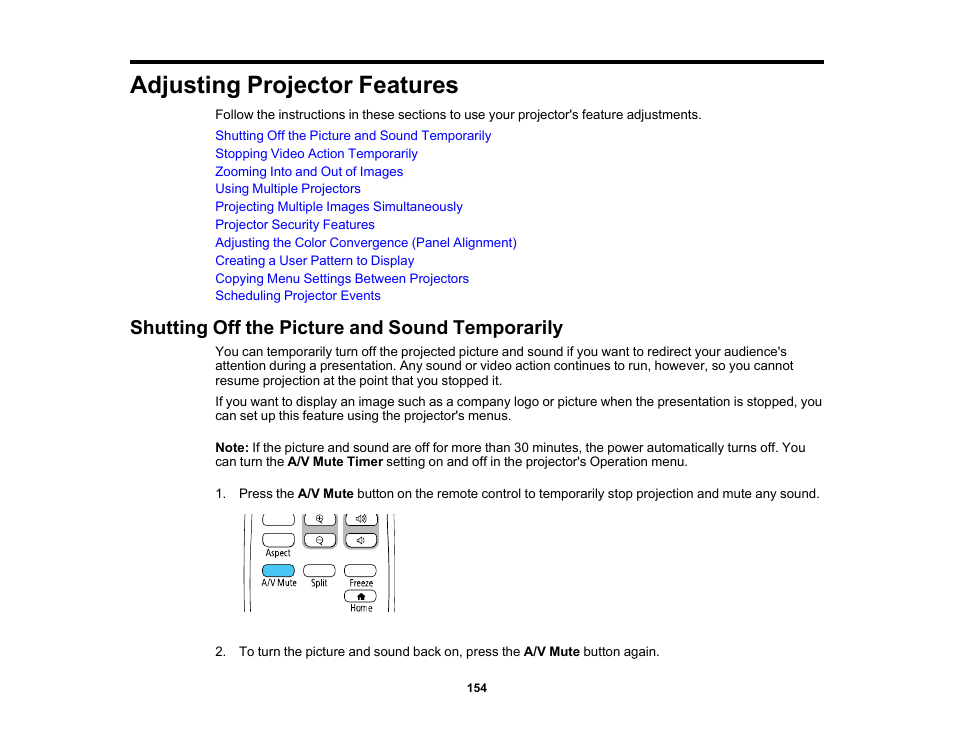 Adjusting projector features, Shutting off the picture and sound temporarily | Epson PowerLite L265F 4600-Lumen Full HD Laser 3LCD Projector (Black) User Manual | Page 154 / 306