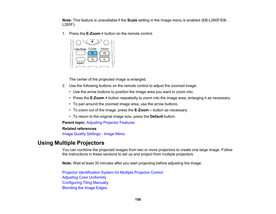 Using multiple projectors | Epson PowerLite L265F 4600-Lumen Full HD Laser 3LCD Projector (Black) User Manual | Page 156 / 306