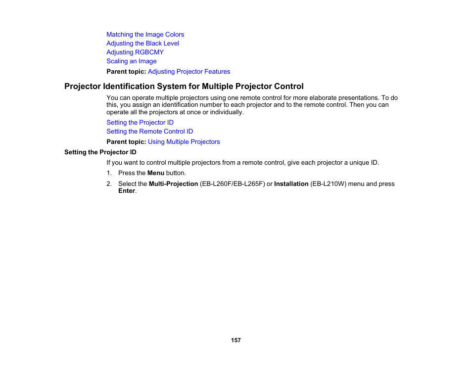 Setting the projector id | Epson PowerLite L265F 4600-Lumen Full HD Laser 3LCD Projector (Black) User Manual | Page 157 / 306