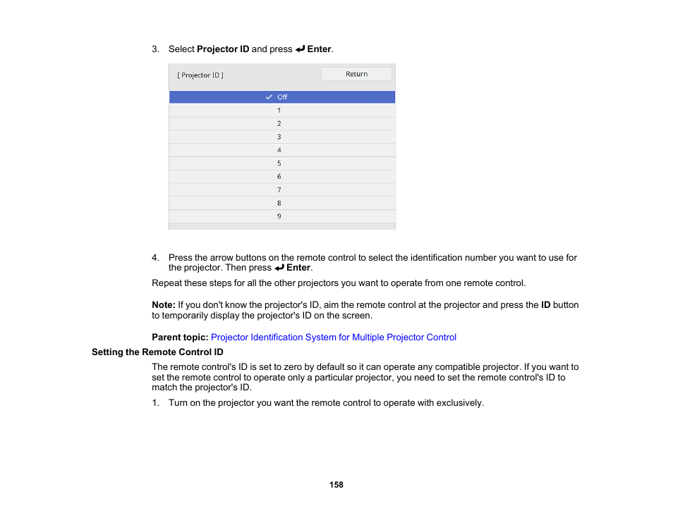 Setting the remote control id | Epson PowerLite L265F 4600-Lumen Full HD Laser 3LCD Projector (Black) User Manual | Page 158 / 306