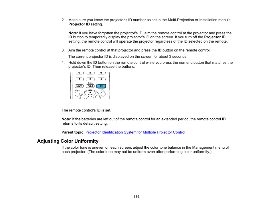 Adjusting color uniformity | Epson PowerLite L265F 4600-Lumen Full HD Laser 3LCD Projector (Black) User Manual | Page 159 / 306