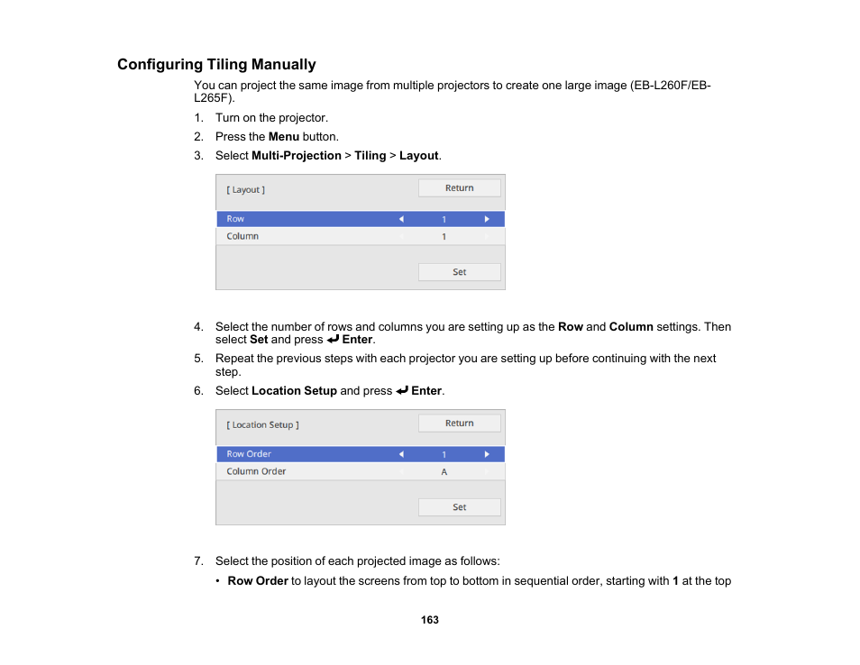 Configuring tiling manually | Epson PowerLite L265F 4600-Lumen Full HD Laser 3LCD Projector (Black) User Manual | Page 163 / 306