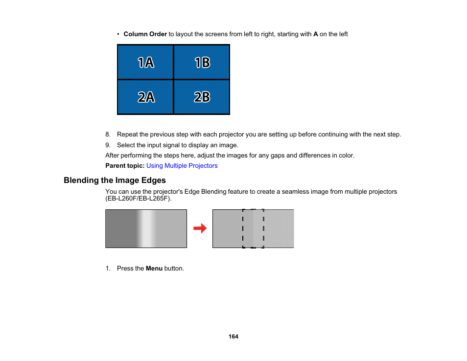 Blending the image edges | Epson PowerLite L265F 4600-Lumen Full HD Laser 3LCD Projector (Black) User Manual | Page 164 / 306