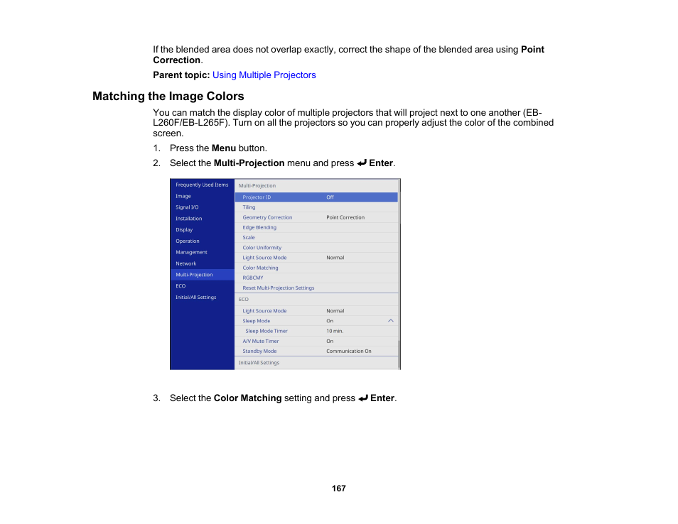 Matching the image colors | Epson PowerLite L265F 4600-Lumen Full HD Laser 3LCD Projector (Black) User Manual | Page 167 / 306