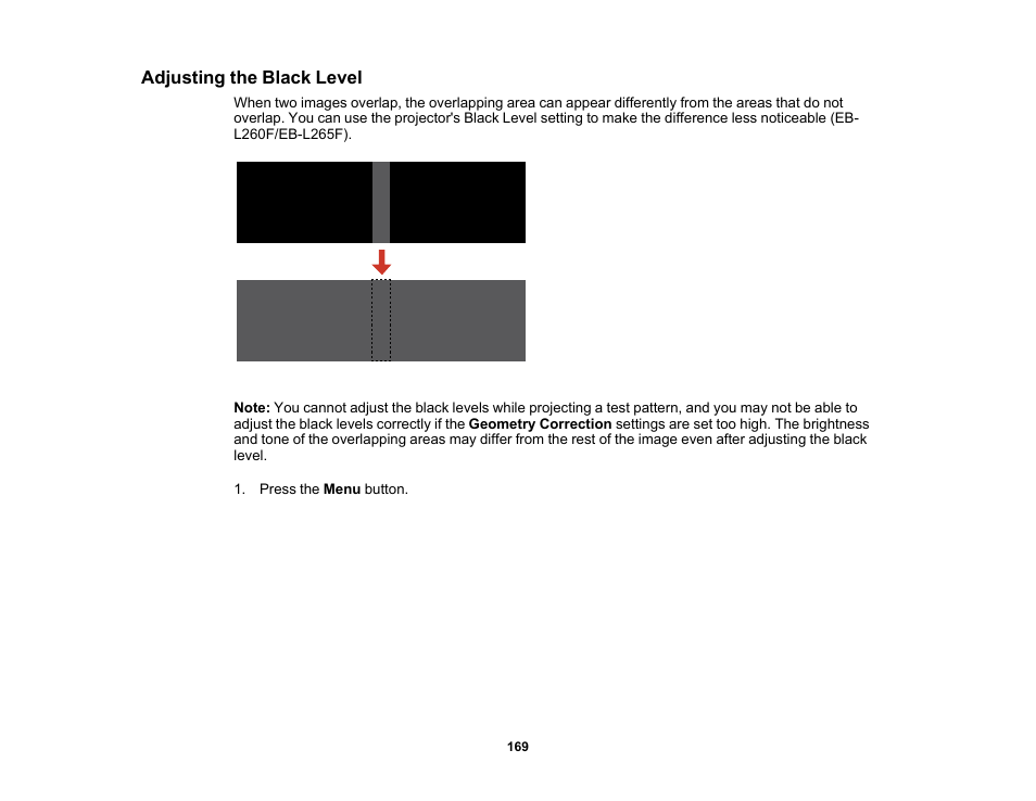 Adjusting the black level | Epson PowerLite L265F 4600-Lumen Full HD Laser 3LCD Projector (Black) User Manual | Page 169 / 306