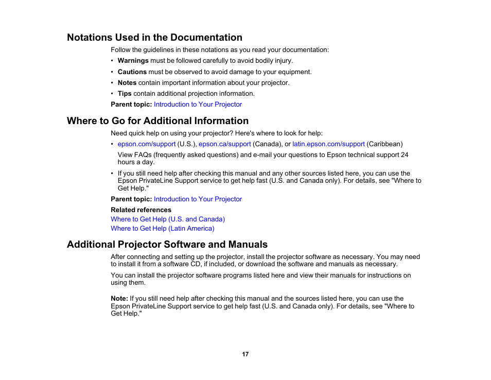 Notations used in the documentation, Where to go for additional information, Additional projector software and manuals | Epson PowerLite L265F 4600-Lumen Full HD Laser 3LCD Projector (Black) User Manual | Page 17 / 306